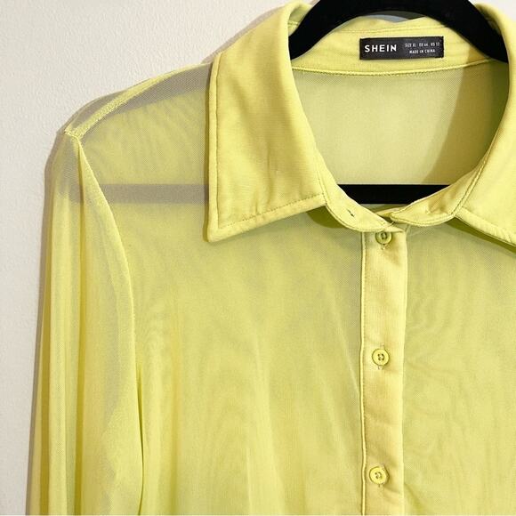 Shein Women's Yellow Icon Fuzzy Cuff Sheer Mesh Button-Up Shirt Without Bra XL - Picture 3 of 12